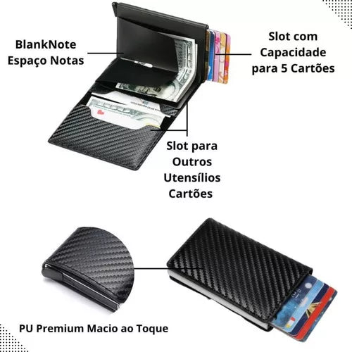 Carteira Masculina em Fibra De Carbono com Slot para Cartões -ANTI FURTO-